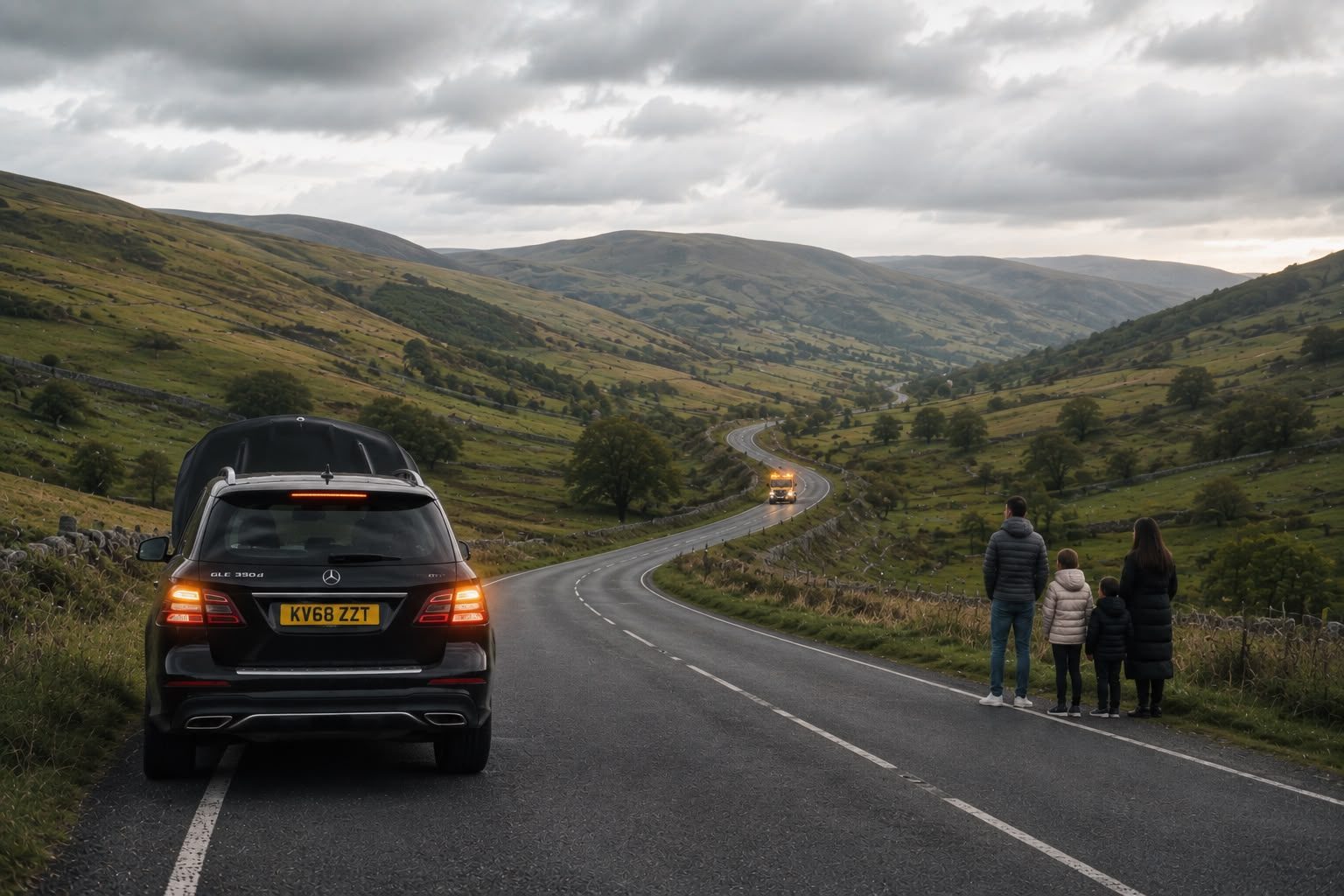 Family stood beside their broken down car on a rural UK road